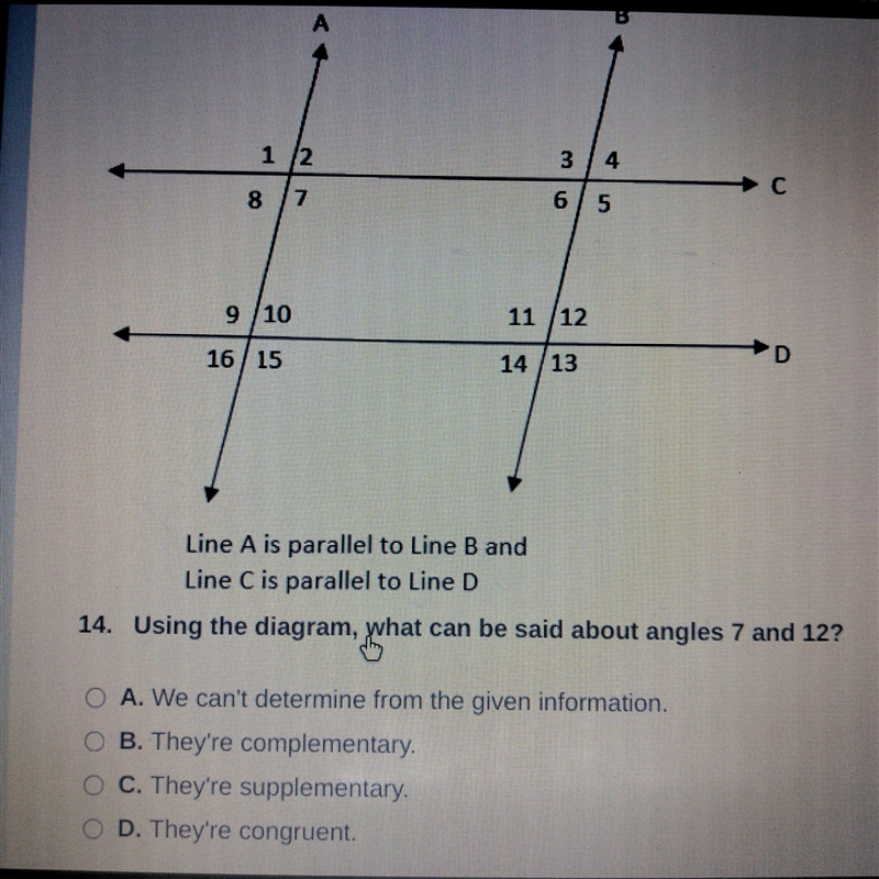 Line a is parallel to line b and line c is parallel to line d, using the diagram what-example-1