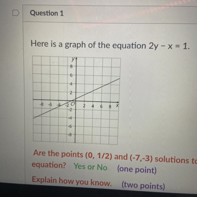 Here is a graph of the equation 2y - x = 1. Are the points (0, 1/2) and (-7,-3) solutions-example-1