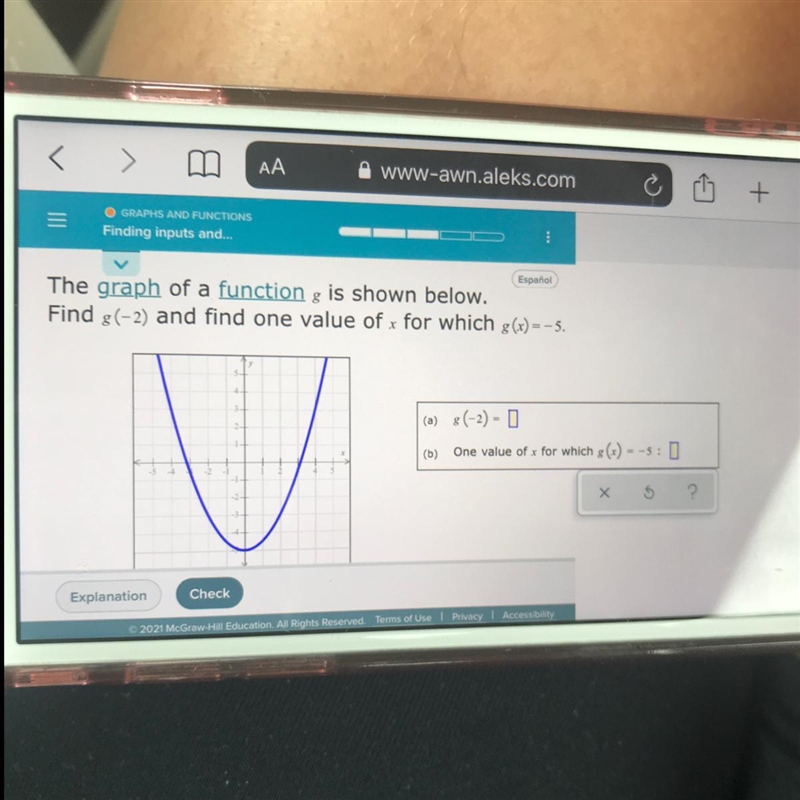 The graph of a function g is shown below.Find g(-2) and find one value of x for which-example-1