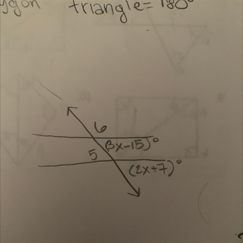 PLEASE HELP! Vertical angles 5 & 6 (3x-15)° and (2x+7)°-example-1