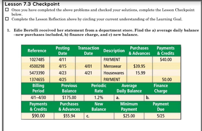 Find a) average daily balance - new purchase b) finance charge c) new balance-example-1