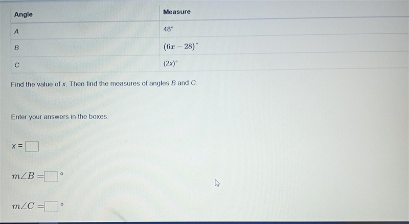 Find the value of X. then find the measure of angles B and C ​-example-1