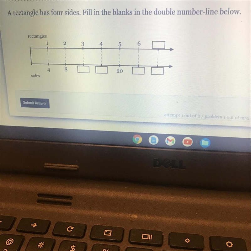 A rectangle has four sides. Fill in the blanks in the double number-line below.N-example-1