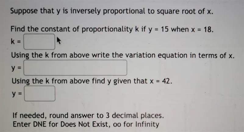 Suppose that y is inversely proportional to square root of x. Find the constant of-example-1