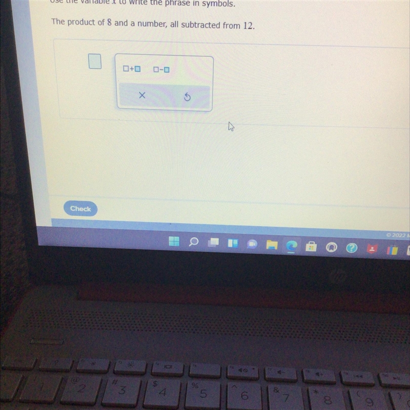 Use the variable x to write the phase in symbols.The product of 8 and a number, all-example-1