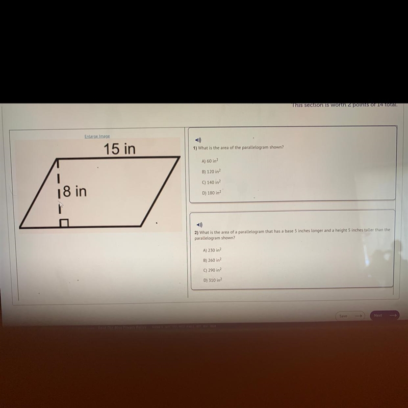 What is the area of the parallelogram shown? A) 60in B) 120in C) 140in D) 180in. + What-example-1