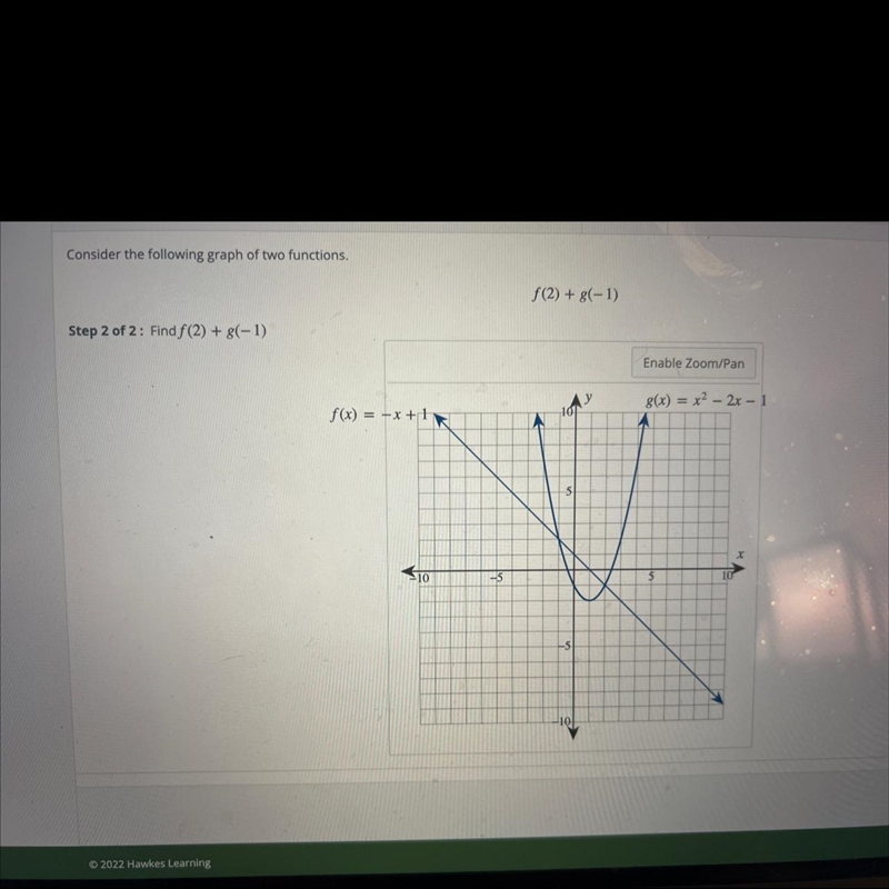 Consider the following graph of two functions.f(2) + (-1)Step 2 of 2: Find f(2) + (-1)Enable-example-1