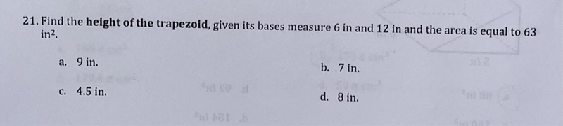 Find the height of the trapezoid, given its bases measure 6 in and 12 in and the area-example-1