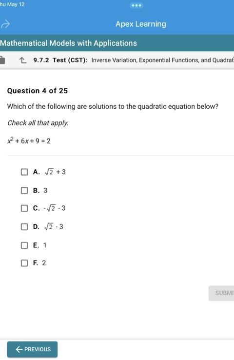 Which of the following are solutions to the quadratic equation below? Check all that-example-1