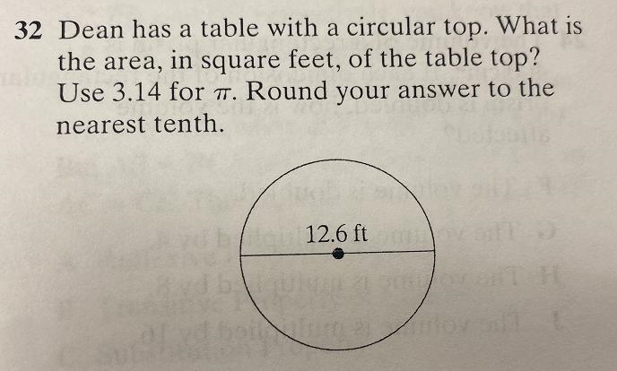 Dean has a table with a circular top. What isthe area, in square feet, of the table-example-1