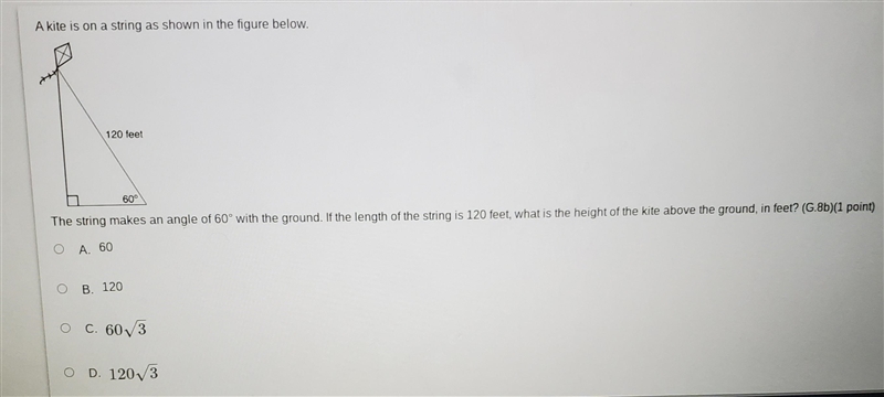 A kite is on a string as shown in the figure below. 120 feet 60° The string makes-example-1