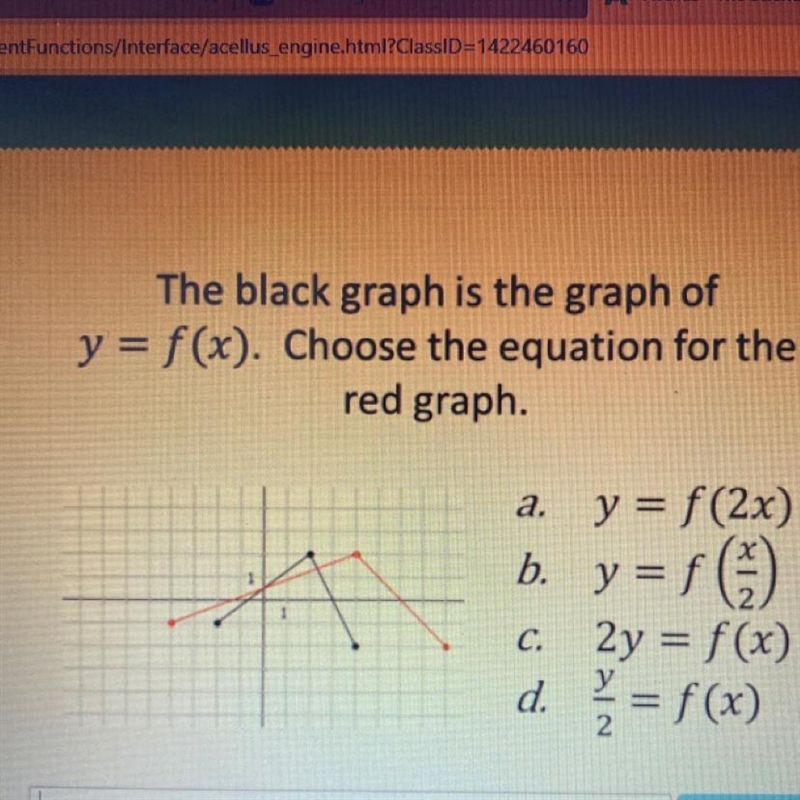 The black graph is the graph of y = f(x). Choose the equation for the red graph.-example-1