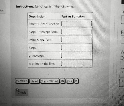 Instructions: Match each of the following. Description Part or Function Parent Linear-example-1