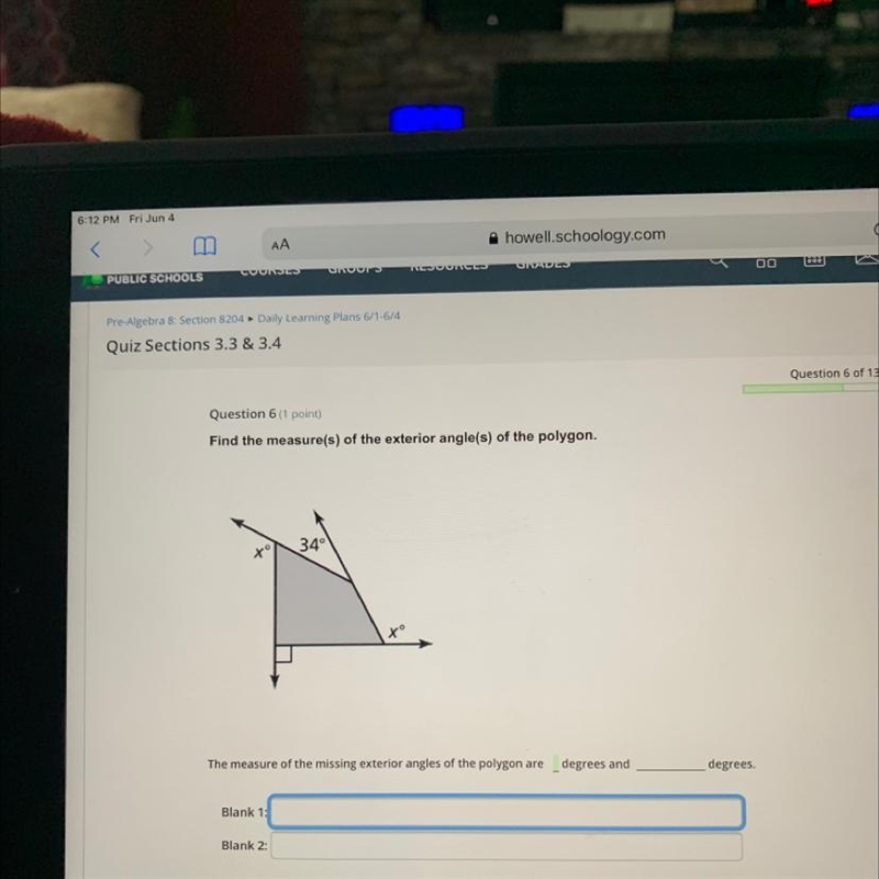 Question 6 of 13Question 6 (1 point)Find the measure(s) of the exterior angle(s) of-example-1