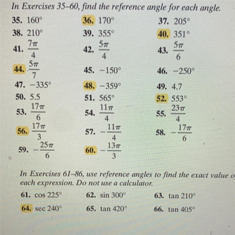 In Exercises 35-60, find the reference angle for each aI need help with the Highlighted-example-1