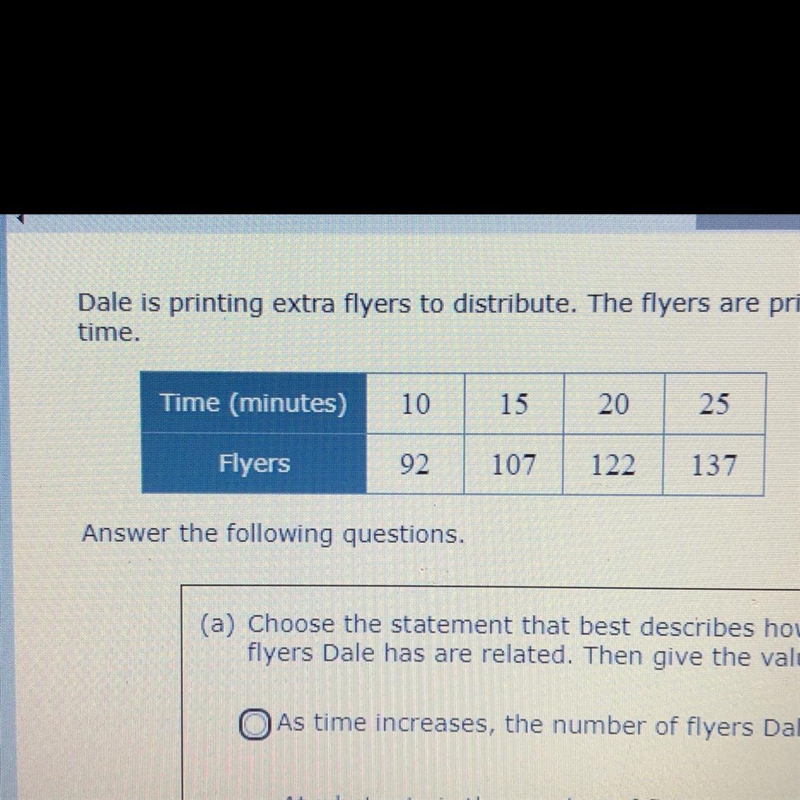 Dale is printing extra flyers to distribute the fly are printed at a constant rate-example-1