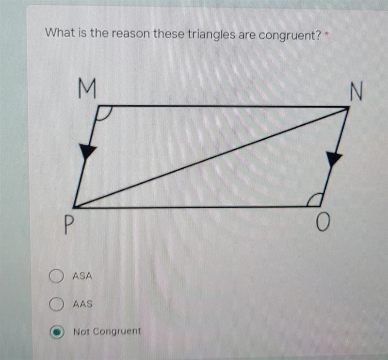 What is the reason these triangles are congruent? M N Р o Not Congruent-example-1