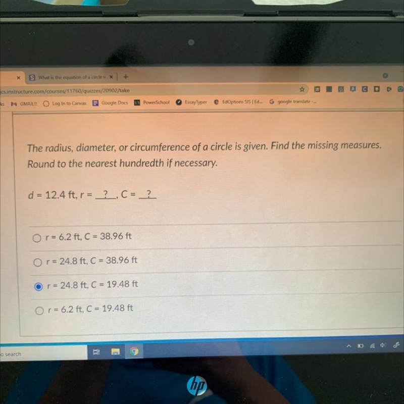 The radius, diameter, or circumference of a circle is given. Find the missing measures-example-1