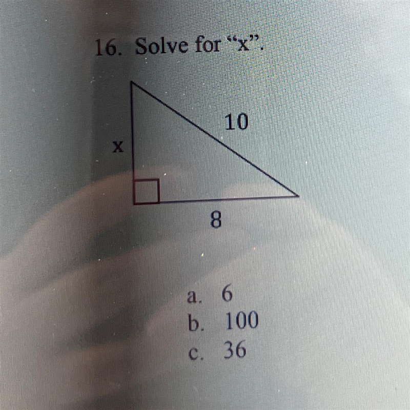 16. Solve for "x". a. 6 b. 100 c. 36-example-1