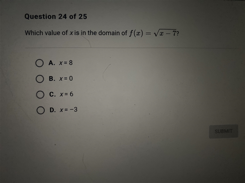 Please Help! Functions and Relations! Which value of x is in the domain of the equation-example-1