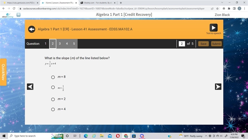 What is the slope (m) of the line listed below?-example-1