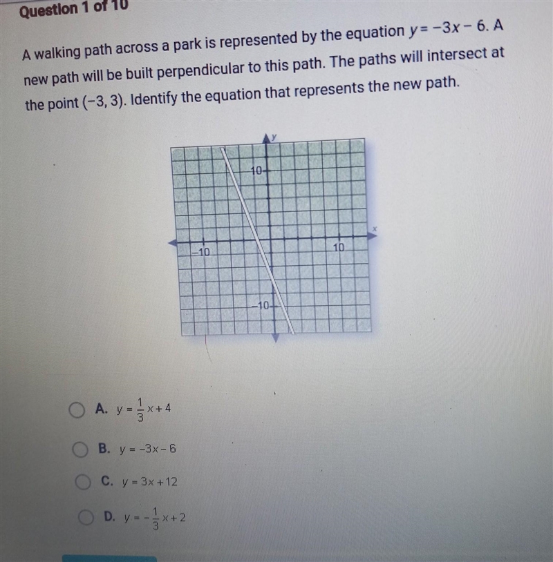 A walking path across a park is represented by the equation y=-3x - 6. A new path-example-1