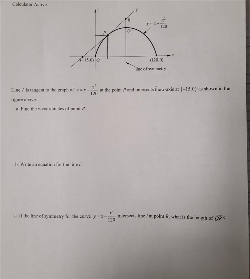 x² at the point P and intersects the x-axis at (-15,0) as shown in the Line 1 is tangent-example-1