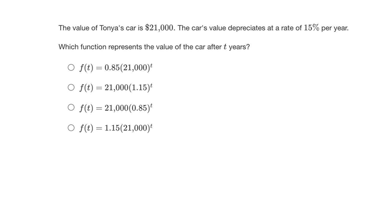 Which function represents the value of the car after t years?-example-1