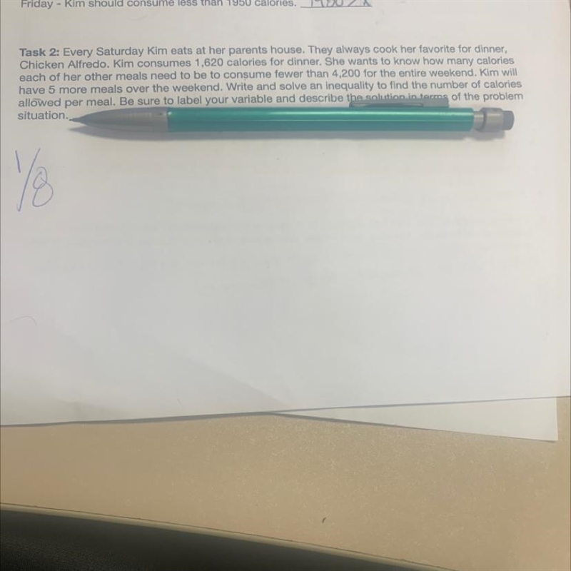 Write and solve an inequality to find the number of calories allowed per meal.-example-1