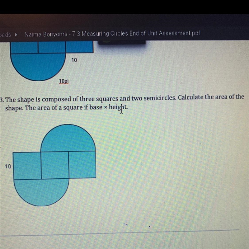 3.The shape is composed of three squares and two semicircles. Calculate the area of-example-1