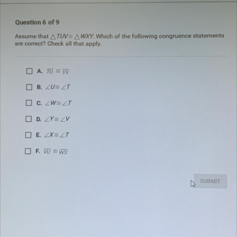 Assume that ATUVEAWXY. Which of the following congruence statementsare correct? Check-example-1