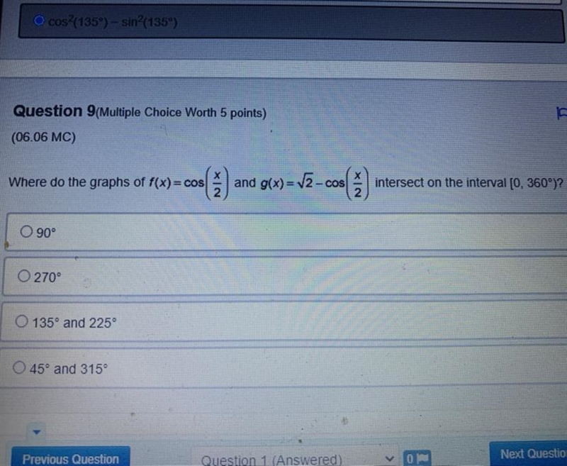 Where do the graphs of f(x)=cos(x/2) and g(x)= sqrt2 - cos(x/2) intersect on the interval-example-1