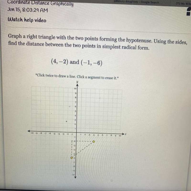 Graph a right triangle with the two points forming the hypotenuse. Using the sides-example-1