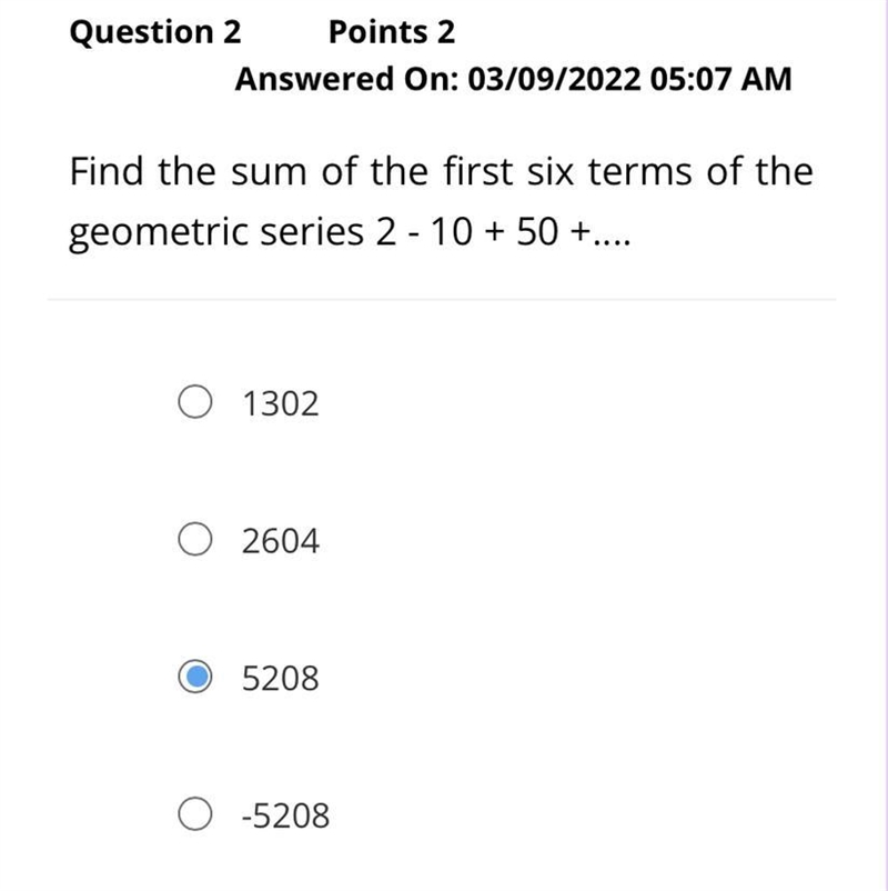 Find the sum of the first six terms of the geometric series 2 - 10 + 50 +..-example-1