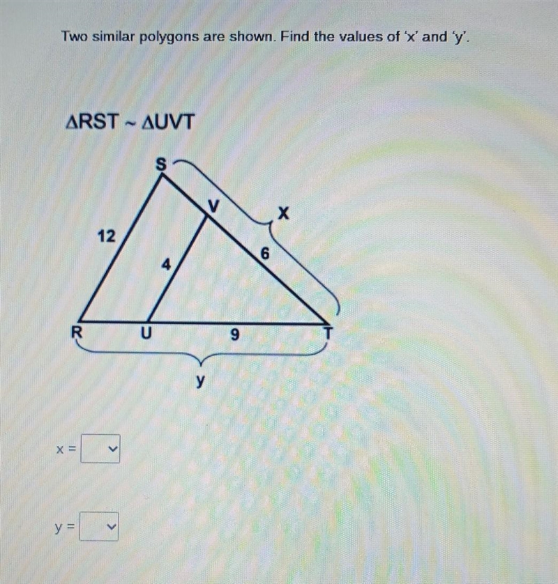 [PLEASE HELP] Two similar polygons are shown. Find the values of 'X' and 'y'.-example-1