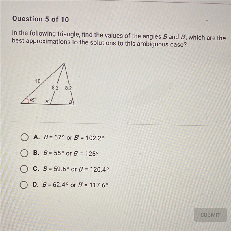 In the following triangle, find the values of the angles B and B, which are thebest-example-1