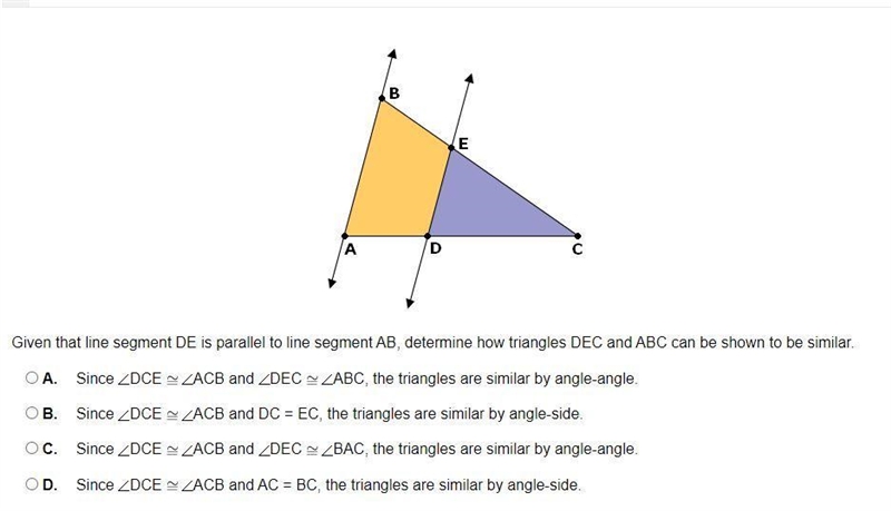 Given that line segment DE is parallel to line segment AB, determine how triangles-example-1