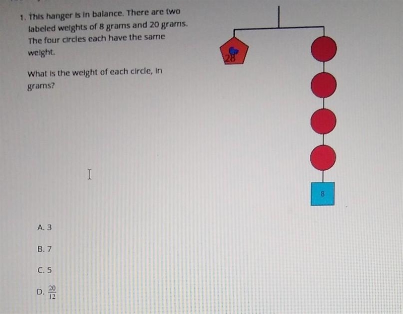 1. This hanger is in balance. There are two labeled weights of 8 grams and 28 grams-example-1