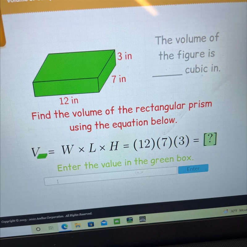 3 inThe volume ofthe figure iscubic in.7 in12 inFind the volume of the rectangular-example-1