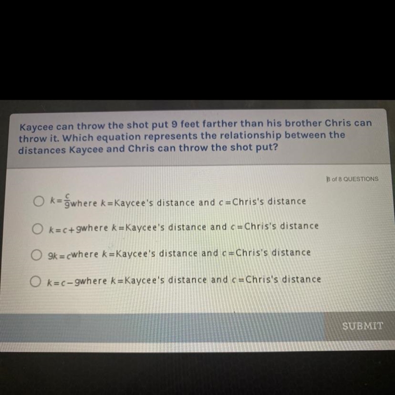 Which equation represents the relationship between the distances Kaycee and Chris-example-1