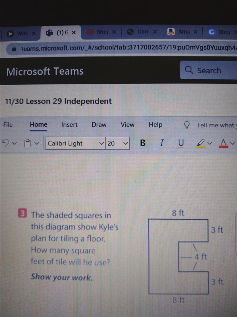 8 ft 3 ft The shaded squares in this diagram show Kyle's plan for tiling a floor. How-example-1