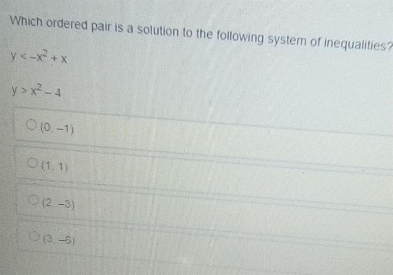 Which ordered pair is a solution to the following system of inequalities​-example-1