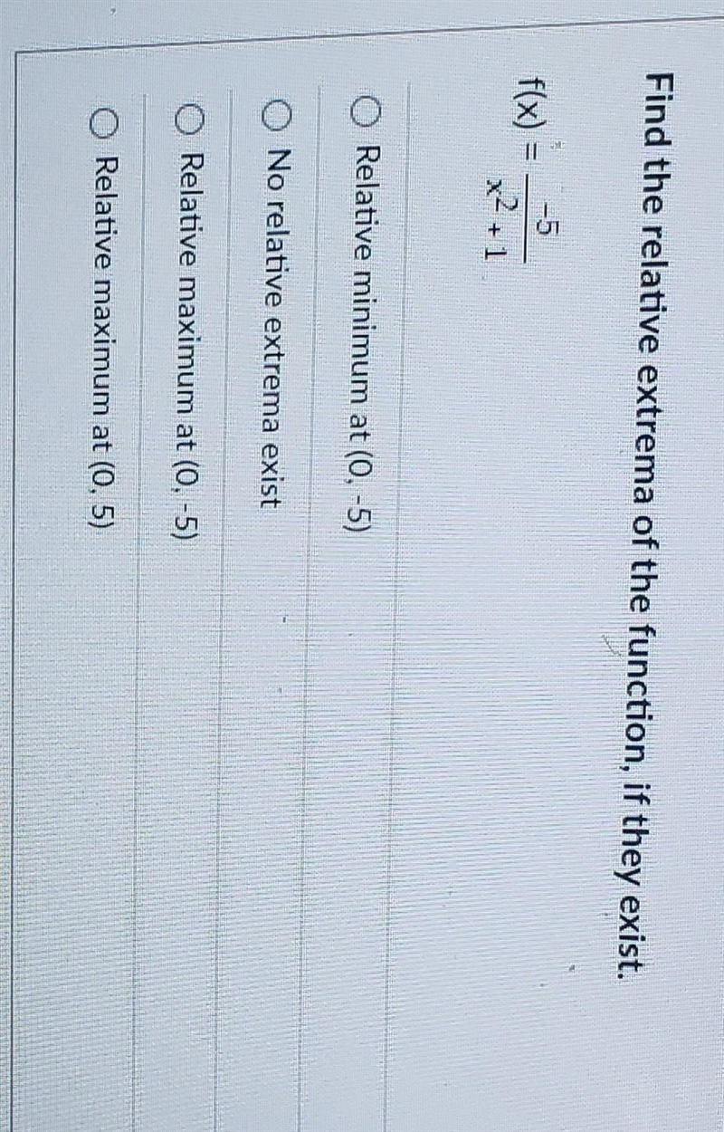 Find the relative extrema of the function, if they exist. f(x) x2 + 1 Relative minimum-example-1