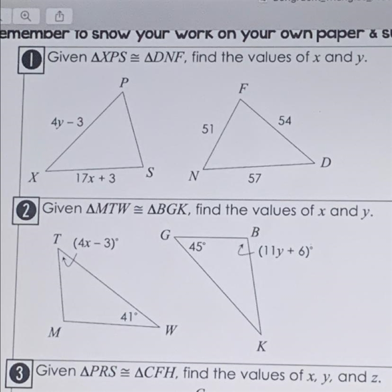 O Given AXPS = ADNF, find the values of x and y.-example-1