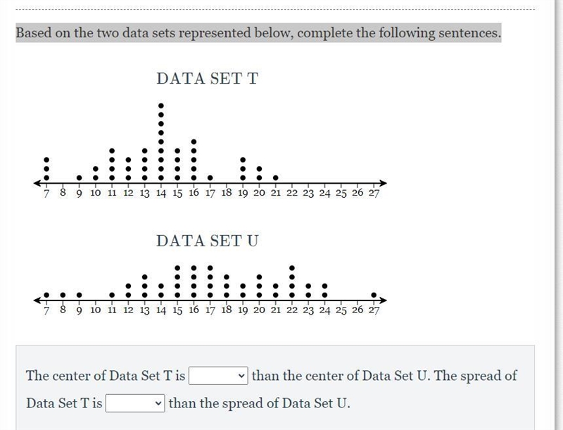 Based on the two data sets represented below, complete the following sentences.Options-example-1