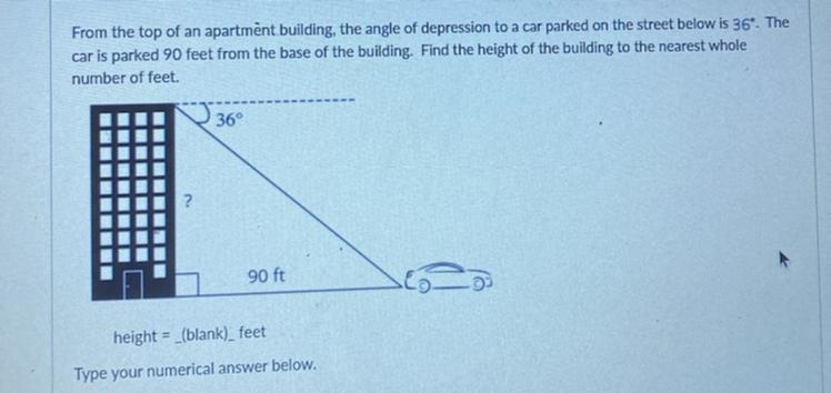 From the top of an apartmènt building, the angle of depression to a car parked on-example-1