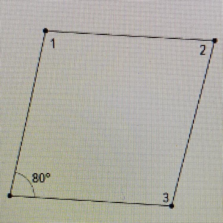 The quadrilateral is a parallelogram. Find the measure of angles 1, 2, and 3. 80° Angle-example-1