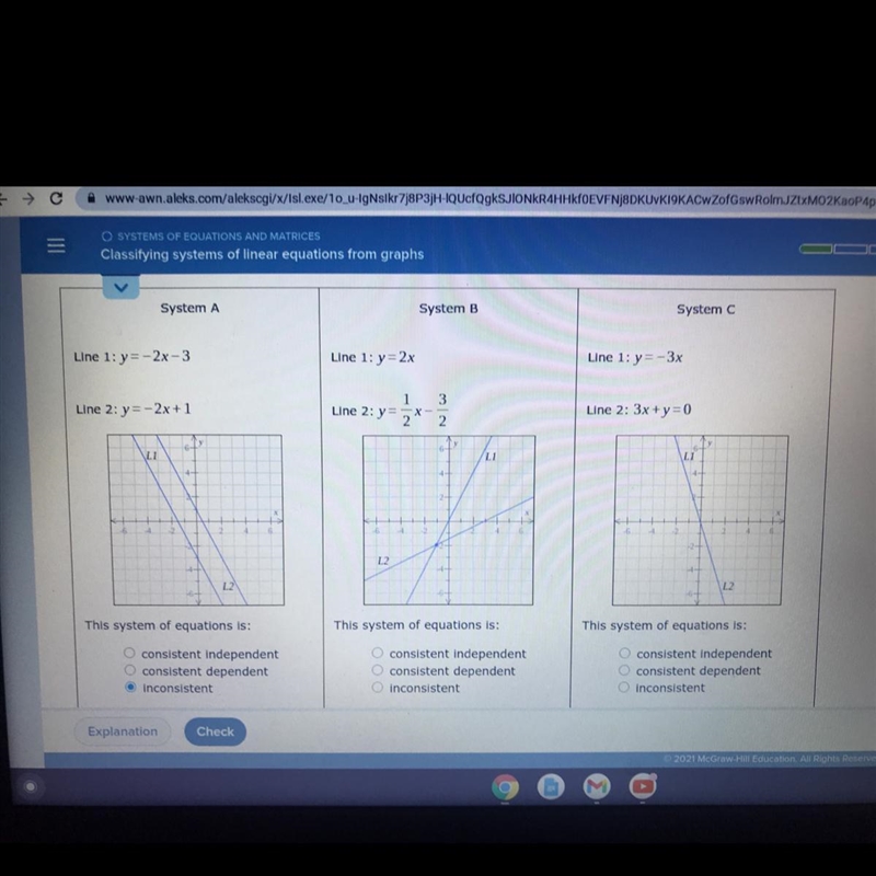 For each system of linear equations shown below, classify the system as "consistent-example-1