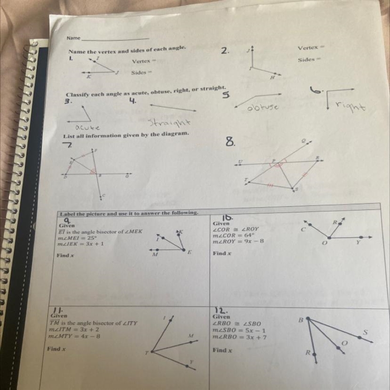 The whole paper , 1 and 2 i have to name vertex and angles of each angle-example-1