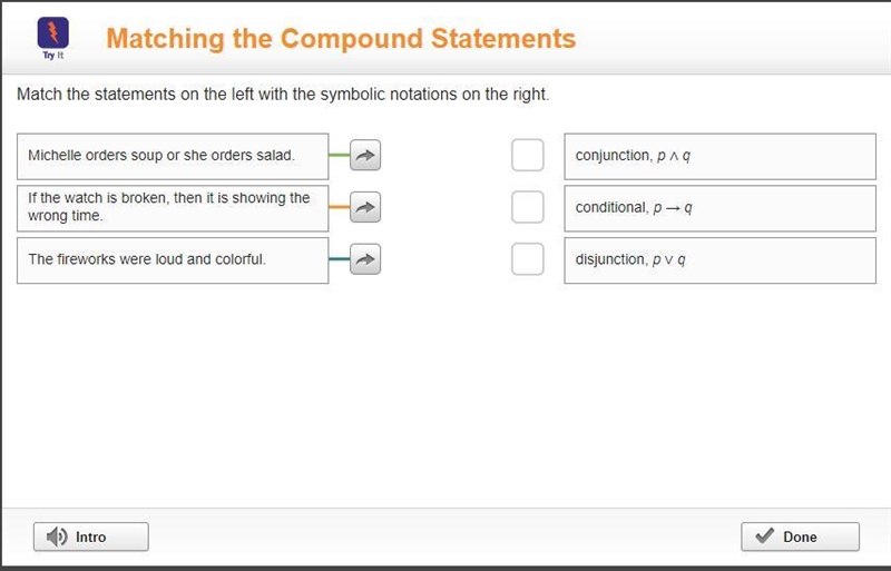 Match the statements on the left with the symbolic notations in the right-example-1